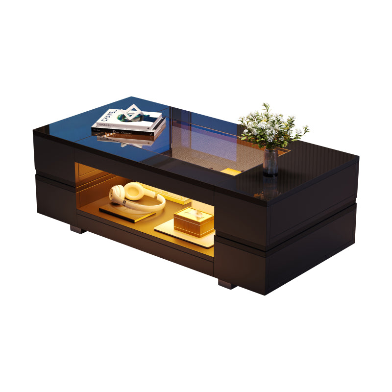 Schwarzer LED-Couchtisch mit Bluetooth-App-Steuerung, doppelschichtiger Hochglanz-Hohldesigntisch, geeignet für Partys, Büros, Wohnzimmer