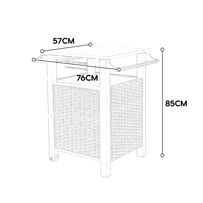 Single door bar cart,Outdoor Kitchen Wicker Island Rolling Cart & Storage Cabinet, Wheels and Stainless Steel Extended Table Top, Side Handle for Patio Kitchen or Bar Cart, Brown