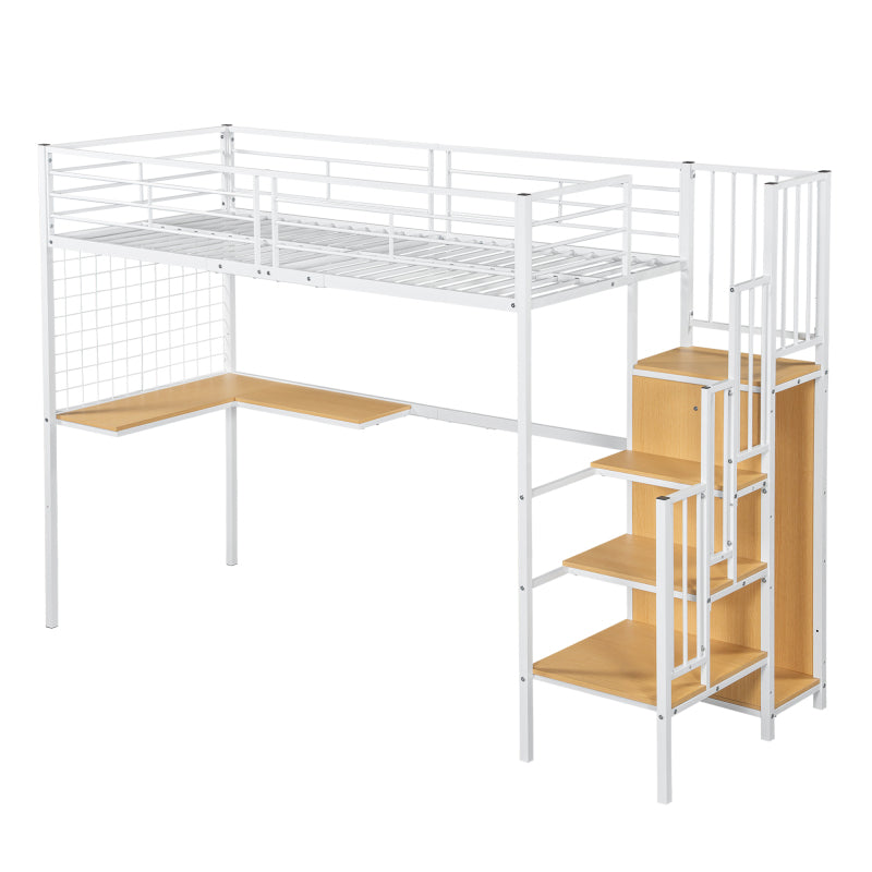 Eisenbett, Etagenbett, Hochbett, Geeignet für Kinder und Jugendliche, mit Tisch und Kleiderschrank, Seitenleiter mit Handlauf, Eisen+Spanplatte, Weiß+Natur, 90x200cm