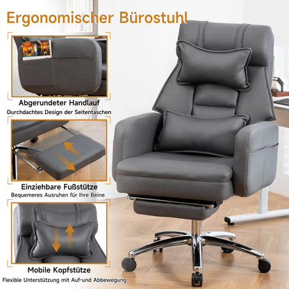 Ergonomischer Bürostuhl mit 155° Liegefunktion, Fußstütze, Tech-Leder, Dunkelgrau