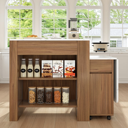 Ausziehbarer Bartisch mit Stauraum(110-124×78×97.5cm), für 2-6 Personen, Kücheninseln mit 2 Schubladen, 2 seitliche offene Regale und eingebaute Steckdose,Tischplatte aus weiß marmoriertem MDF,Braun