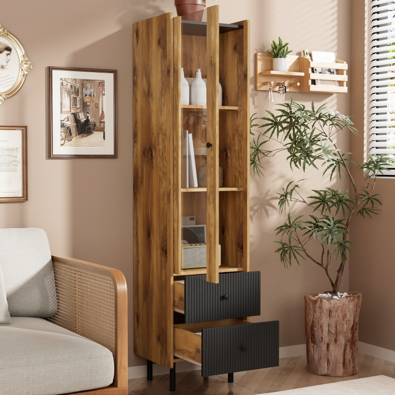 Sideboard, Hochschrank in schwarzer Holzmaserung – 180 x 44 x 40 cm mit Glastür, gelbem LED-Licht, 2 Schubladen