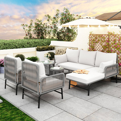 Gartenlounge-Set, Gartenmöbel-Set, Mit Eisenrahmen und grauem Seil, Gartenmöbel aus gewebtem Seil für den Außenbereich, Grau, Zwei Sessel, zwei 2-Sitzer-Sofas und zwei Tische (alle Kissen inklusive)