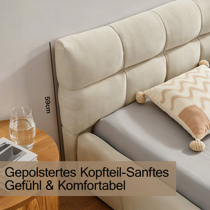 Doppelbett 140x200 cm, Bett mit seidig weichem Chenille - Bezug, quadratischem Steppdesign, Beige (ohne Matratze)