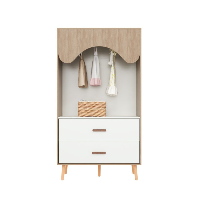 Kinderkleiderschrank, Kleiderschrank mit Kleiderstange, mit Schubladen, Vollholz Griffen, aus Spanplatte, weiß+natürliches Holz