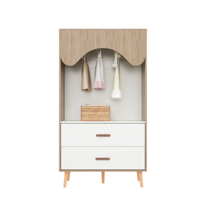 Kinderkleiderschrank, Kleiderschrank mit Kleiderstange, mit Schubladen, Vollholz Griffen, aus Spanplatte, weiß+natürliches Holz