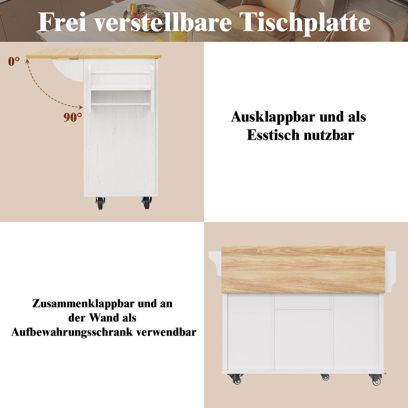 Kücheninsel mit herausnehmbaren Trennwänden, Esszimmerwagen mit Arbeitsplatte, Buffetschrank, Esszimmerwagen mit Holzmaserung, seitlicher Handtuchhalter, mit Weinregal, mit Rollen, weiß