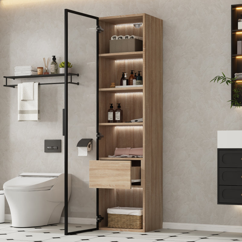 Badezimmerschrank, mittel, mit Lichtleiste, 40 cm breit, mit 1 großen Schubladen und 1 Türen, Glastür