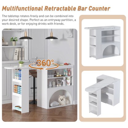 Drehbarer ausziehbarer Thekentisch & Esstisch, 120(+80)×40×100 cm – moderner, hoher Tisch in Marmoroptik mit integriertem Haustierbereich. Farbe: Weiß.