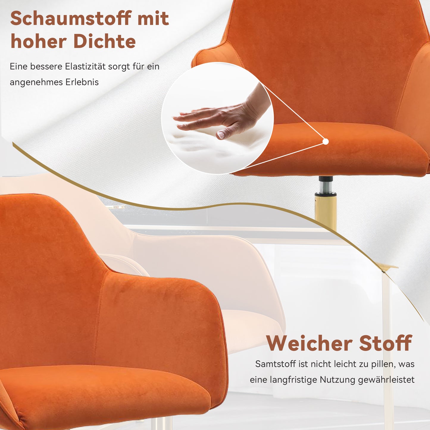 Neuer höhenverstellbarer Drehstuhl aus Samtstoff für das Büro im Innenbereich mit goldenen Beinen,Orange