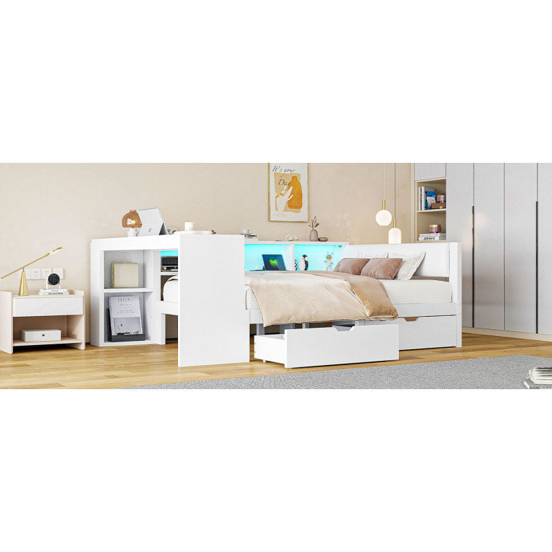 140x200 Holz-Plattformbett mit Ablageflächen, Schubladen, Ladestation und gepolstertem Kopfteil, Mit bunten LED-Leuchten, Weiß