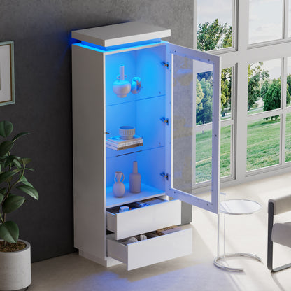 Weiß Hochglanz Vitrine 60x40x171cm mit App-LED & 2 Schubladen, Glasvitrine Hochschrank mit Acryltür, Standregal Wohnzimmerschrank