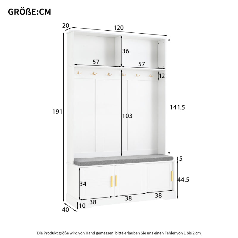 Garderobenständer mit  Schuhbank, Garderobe,  6 Dreifach-Haken,freistehend, platzsparend, für Eingangsbereich,Flur, Weiß