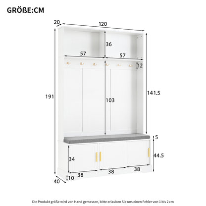 Garderobenständer mit  Schuhbank, Garderobe,  6 Dreifach-Haken,freistehend, platzsparend, für Eingangsbereich,Flur, Weiß