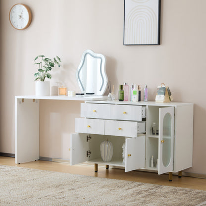 Schminktisch, Kosmetiktisch-Set mit Spiegel und Beleuchtung, ausziehbare Tischplatte, links-rechts wechselbar, 3-farbige LED-Beleuchtung, Maße: B100/H74.5/T40 cm (ohne Hocker)