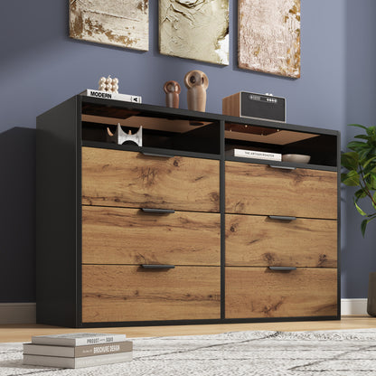 Kommode Sideboard aus Bernstein Glas, Sideboard mit Metallgriffen, Kommode mit 6 Schubladen und 2 Fächern , kippsicher, 120 x 40 x 80 cm, Eiche
