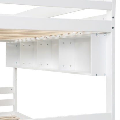 Etagenbett, Kreatives Kinderbett, Bücherregal in Baumform, Offenes Regal, Zwei Schubladen mit Rollen, Mit Fallschutzgitter, Reichlich Stauraum, Kiefer+MDF, Weiß+Blau, 90x200cm