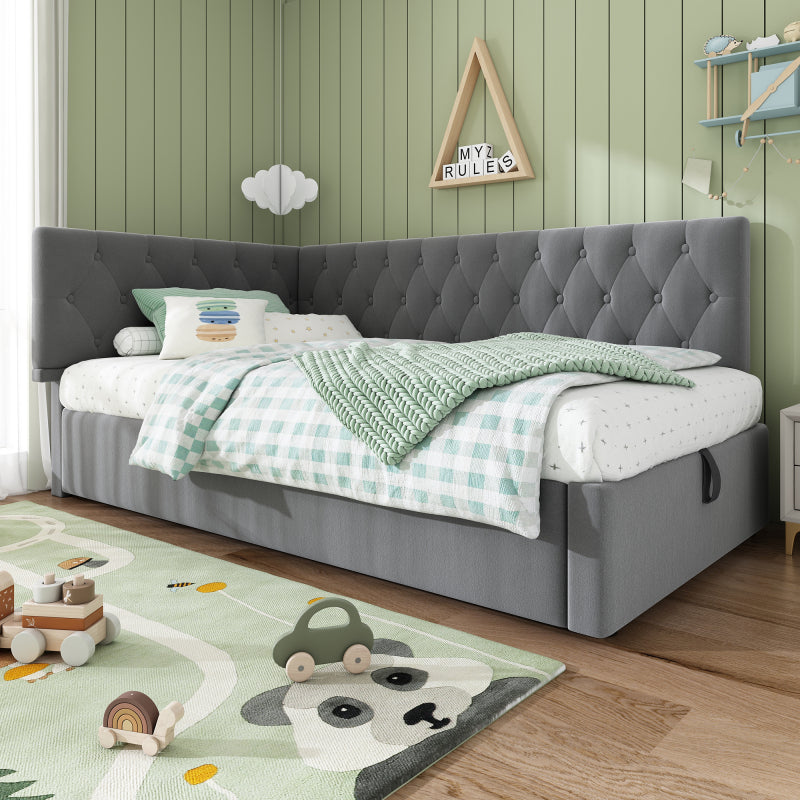 Polsterbett Tagesbett Daybett 90x200cm, Schlafsofa mit hydraulischem Stauraum, Kinderbett Jugendbett Bettgestell mit Lattenrost aus Holz, Samt, Grau, ohne Matratze.