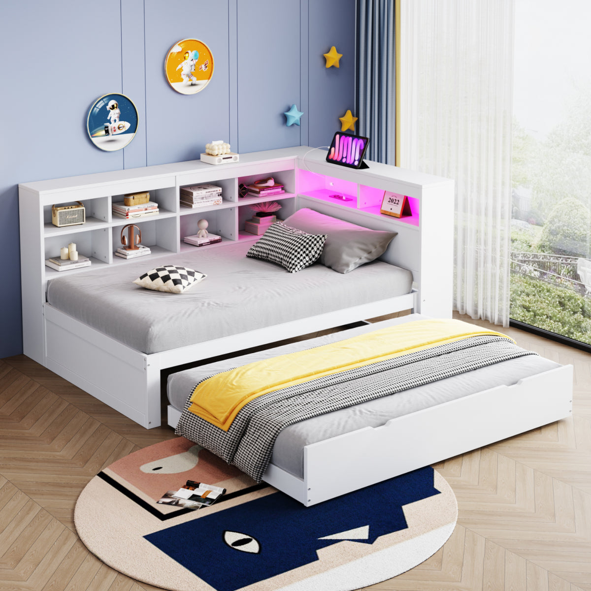 Massivholz-Einzelbett 90x200 Weiß mit Ausziehbett - Multifunktionales Schlafsofa inkl. LED, USB-Steckdose, Regalen & viel Stauraum, Weiß