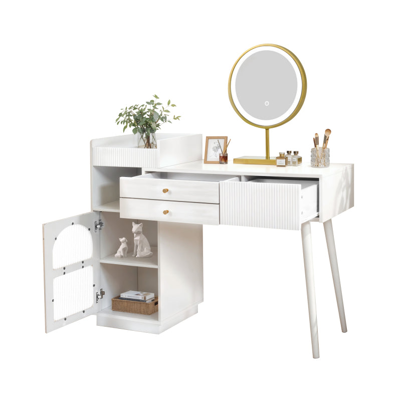 Kosmetiktisch-Set mit LED-Spiegel und 3-Farben-Beleuchtung, Schminktisch aus Holz mit 3 Schubladen und Seitenschrank, ausziehbares Design - Maße: B120/H90/T40 cm (ohne Hocker)