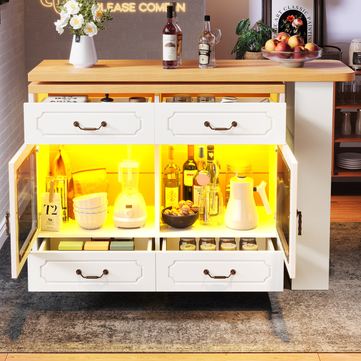 Bartisch ausziehbar 135-203cm, 360° drehbarer Stehtisch mit App-LED-Steuerung & Musik-Modus, Weißer Hochtisch mit 4 Schubladen & Regal