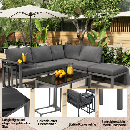 Garten Loungesessel Set, Eckloungesessel, Gartenmöbel für 4-5 Personen, mit Beistell- und Couchtisch, wetterfeste Loungemöbel, grau, 5er Set, inkl. aller Kissen(preview sku:HW24018AAS)