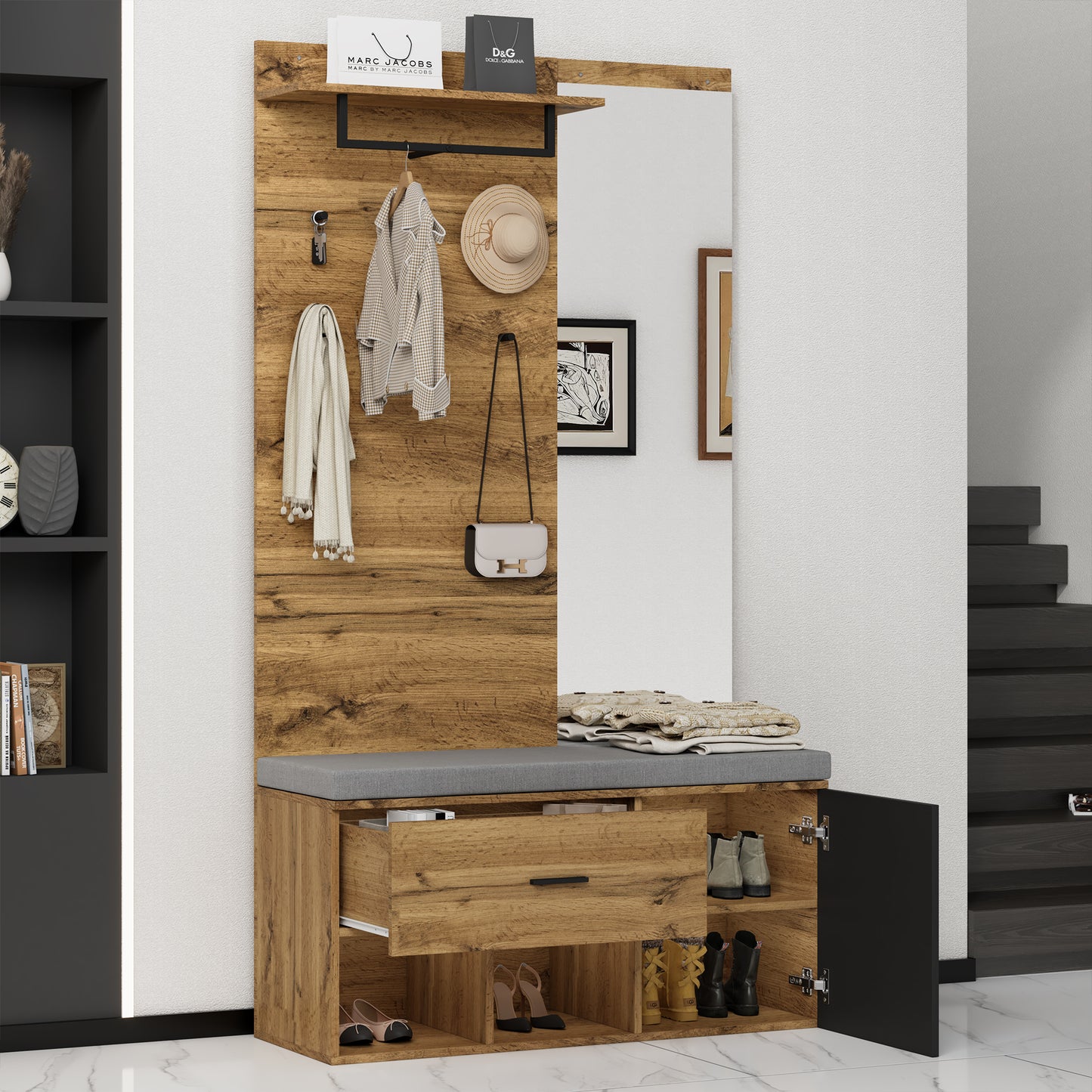 Garderoben Set in Holzoptik mit Spiegel, Schuhbank (104 x 39 cm) mit Polster, Schuhschrank, Schublade, Regal, Kleiderhaken – Praktisches Design für den Eingangsbereich