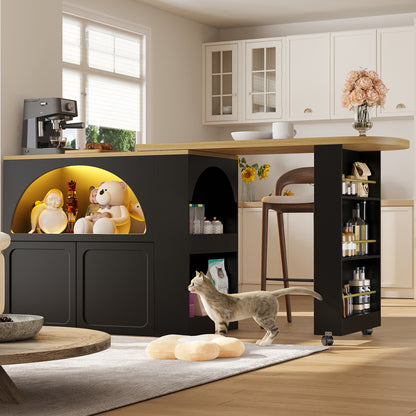 Ausziehbarer Bartisch 135-205cm mit LED & USB, Mobiler Hochtisch Schwarz, Teleskop-Kücheninsel mit Stauraum & Soft-Close, Modernes Bogendesign