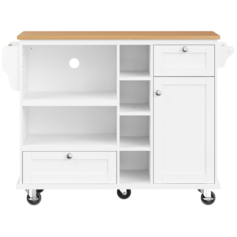Esszimmerwagen (129 x 46 x 92 cm), modernes minimalistisches Weiß, mobiler Küchen-Esswagen mit Schubladen und Lagerschränken, hellbraune Holzarbeitsplatte, passend für moderne Wohnungen