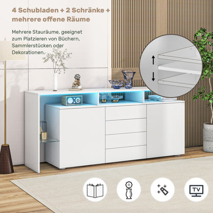 Modernes Sideboard 160cm mit LED-Beleuchtung & App-Steuerung, Hochglanz-Fronten, 4 Schubladen & Glasfach, TV-Schrank Kommode Weiß/Anthrazit