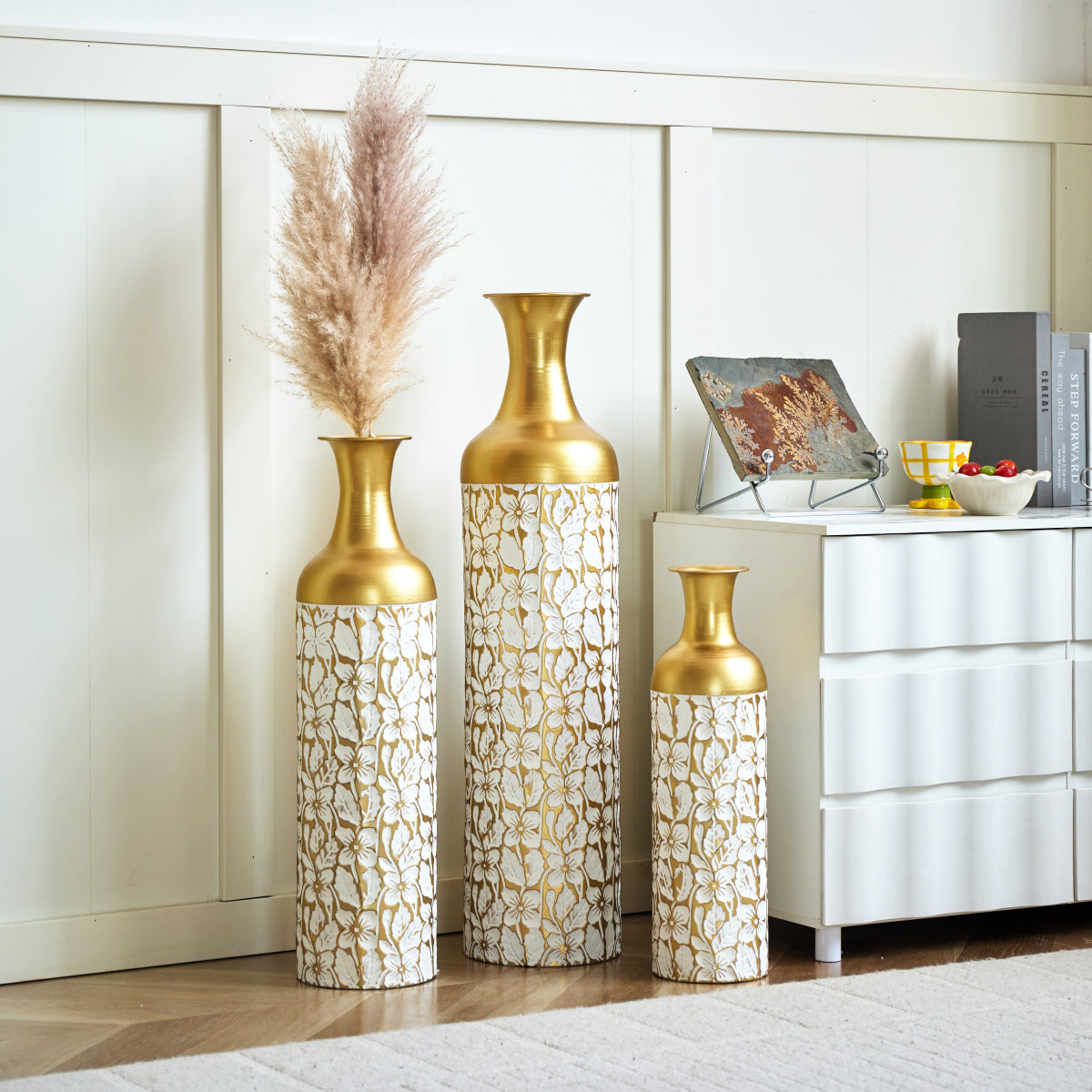 3er Set Bodenvase Metall, Weiß-Gold, Retro Stil, 83/65/50 cm hoch