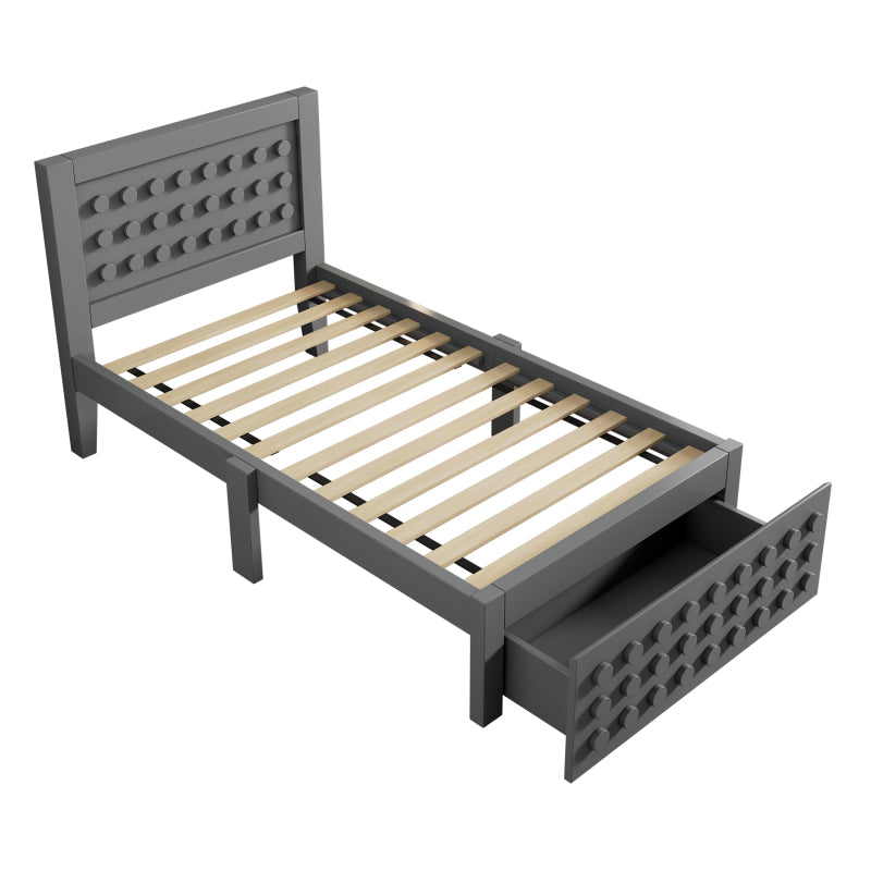 Holzbett Einzelbett 90x200 cm, Kinderbett Jugendbett mit Kreativem Block Design, Massivholz Bettgestell mit Lattenrost, mit Schubladen & Unterm Bett Stauraum, Grau, Ohne Matratze