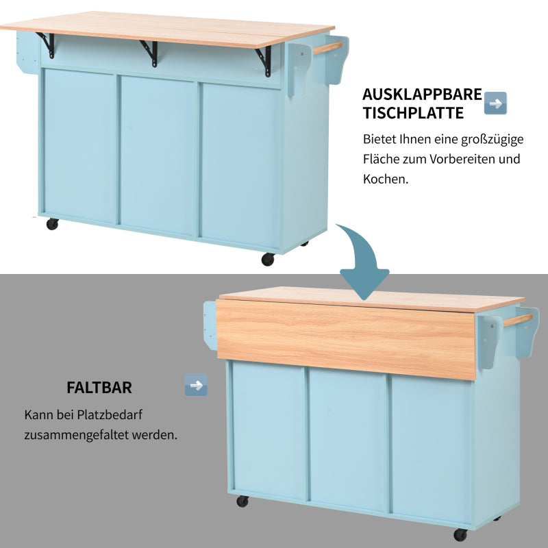 139x46(71)x91,5 cm großer Esswagen/Anrichte, Korpus Blau + Arbeitsplatte in Massivholzmaserung, klappbare Arbeitsplatte, Ablagetür, Rollen, auswechselbare Massivholzfüße, geeignet für Esszimmer, Küche