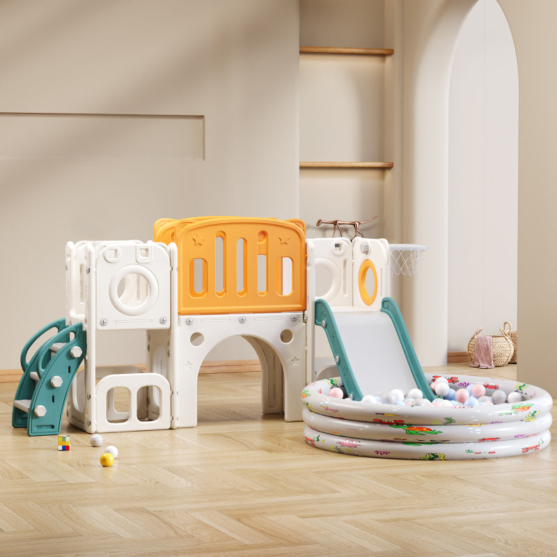 Bären Kinder 6-in-1 Rutsche mit einer Rutsche, zwei Plattformen, zwei Bodenschrankfächern, Basketballkorb und Treppe - Hochdichtes Polyethylen (Ozeanbälle nicht enthalten