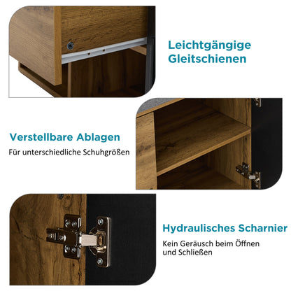 Garderoben Set in Holzoptik mit Spiegel, Schuhbank (104 x 39 cm) mit Polster, Schuhschrank, Schublade, Regal, Kleiderhaken – Praktisches Design für den Eingangsbereich
