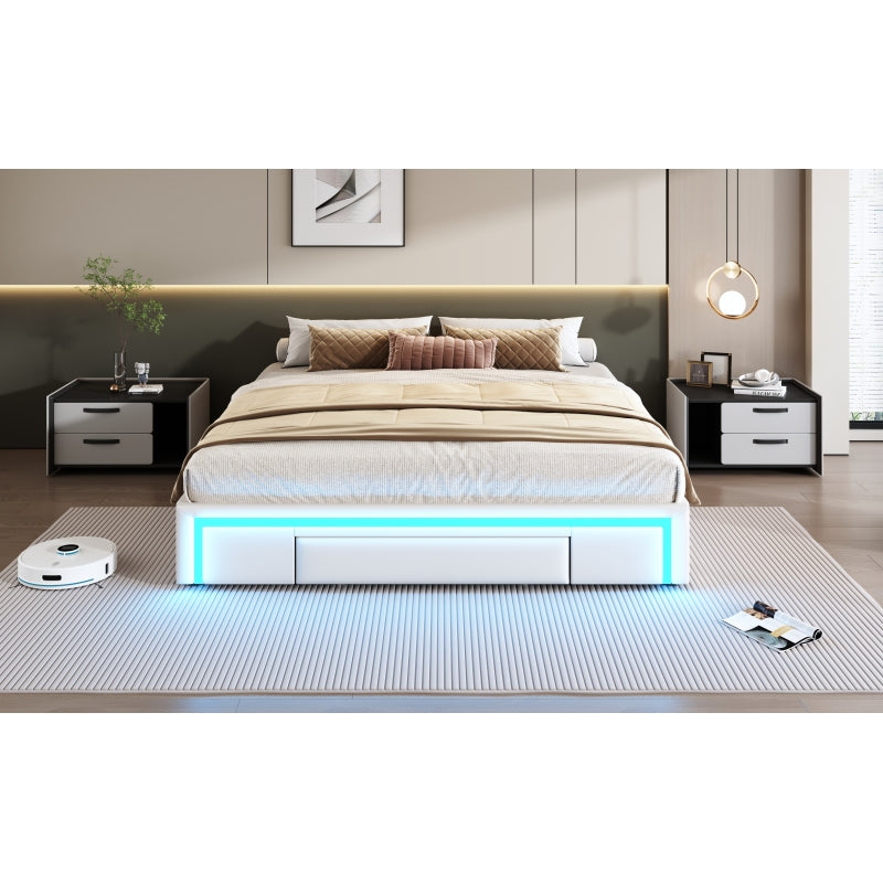 Bettgestell 180X200 mit Schubladen, PU-Leder Bett ohne Kopfteil Mit LED-Lichtleiste, MetalllattenPlattformbett für moderne Schlafzimmer Beige