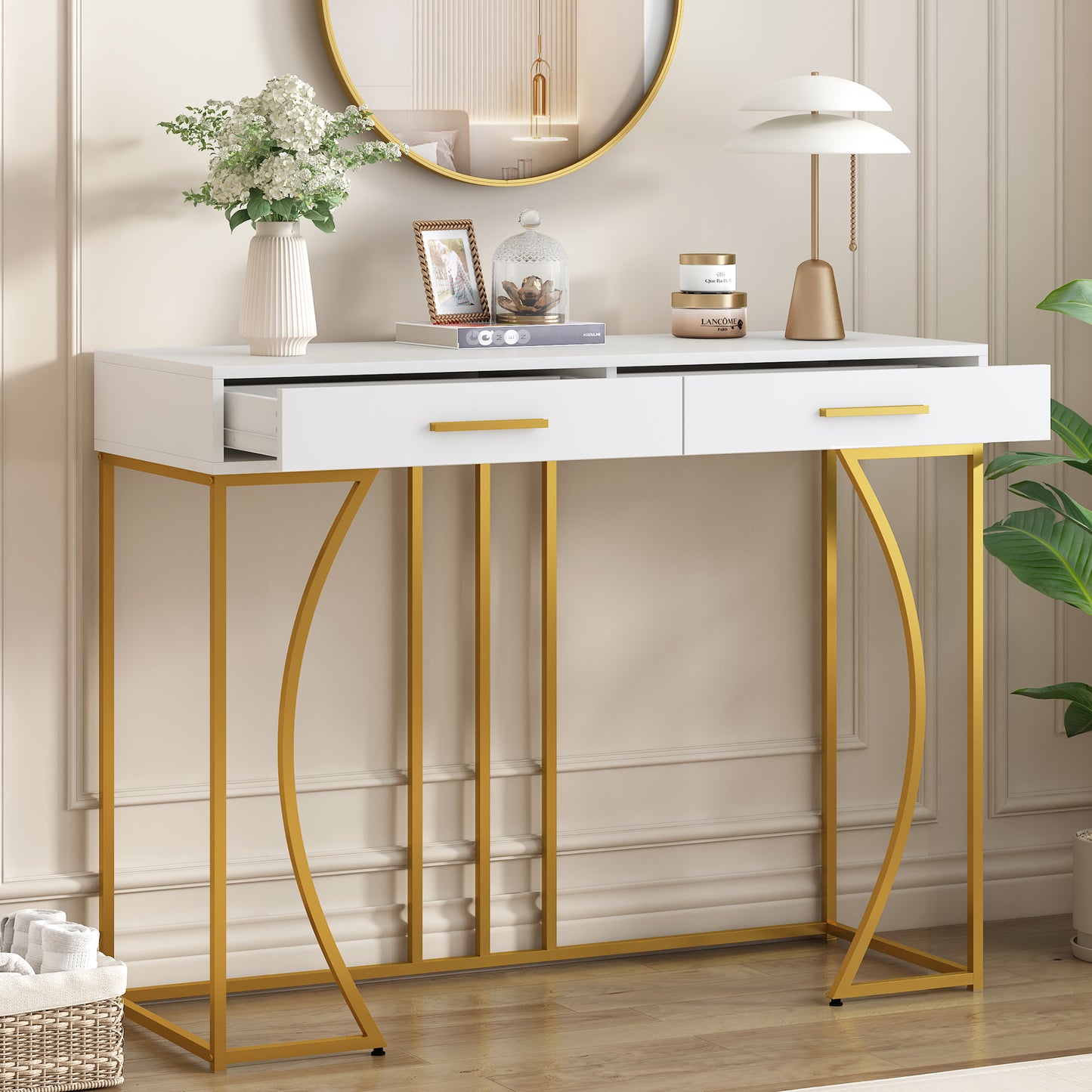 Konsolentisch,Flurtisch mit 2 Schublade ,Leichter Luxus-Stil Beistelltisch, Weiß/Gold