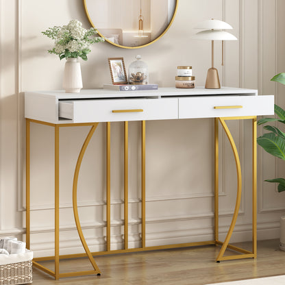 Konsolentisch,Flurtisch mit 2 Schublade ,Leichter Luxus-Stil Beistelltisch, Weiß/Gold