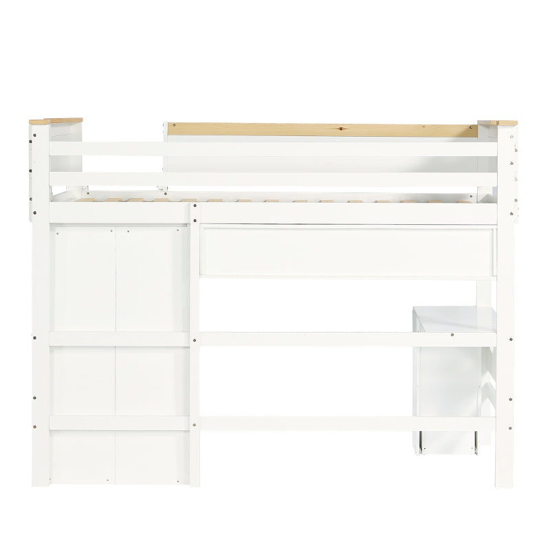 Etagenbett, Kinderbett, mit Fallschutzgitter, mit Tisch und Kleiderschrank, Offenes Regal, Reichlich Stauraum, Mit vierstufiger Leiter, Kiefer+MDF+Sperrholz, Weiß+Natur, 90x200cm