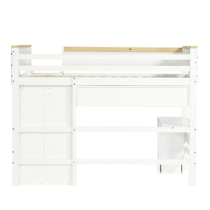Etagenbett, Kinderbett, mit Fallschutzgitter, mit Tisch und Kleiderschrank, Offenes Regal, Reichlich Stauraum, Mit vierstufiger Leiter, Kiefer+MDF+Sperrholz, Weiß+Natur, 90x200cm