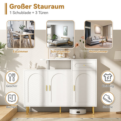 Kommode/Sideboard/Schuhschrank mit Metallgriffen, 1 Schublade und 3 Türen, auf Metallfüßen, Weiß. Maße: B120 × H92 × T35 cm