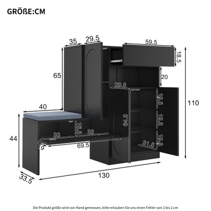 Schuhschrank mit Sitzbank 130 cm Schwarz, Schuhkommode mit Rillendekor