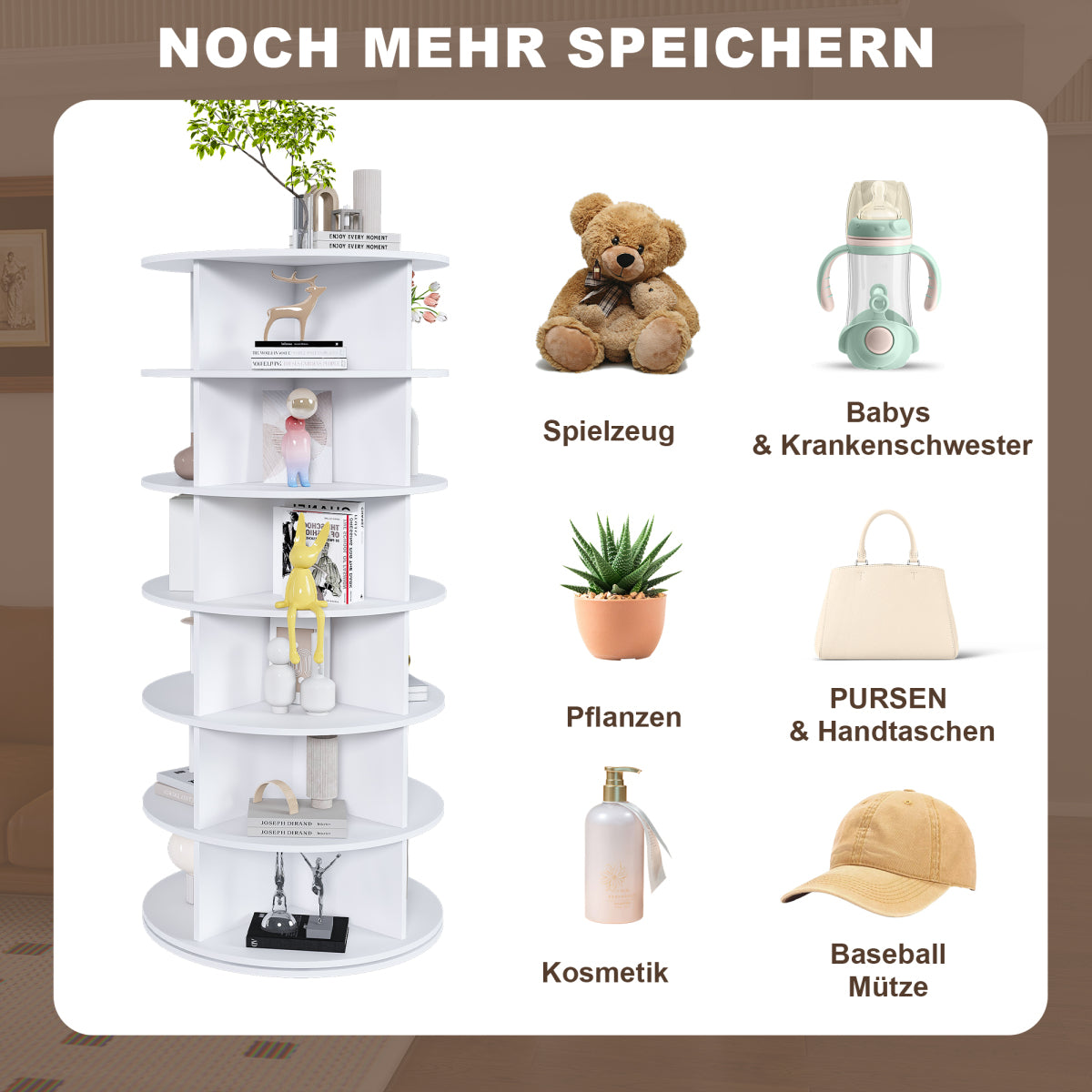 Drehbares Schuhregal 6 Etagen, 360°, Platzsparend, 24 Paar, Weiß, 138,5 cm