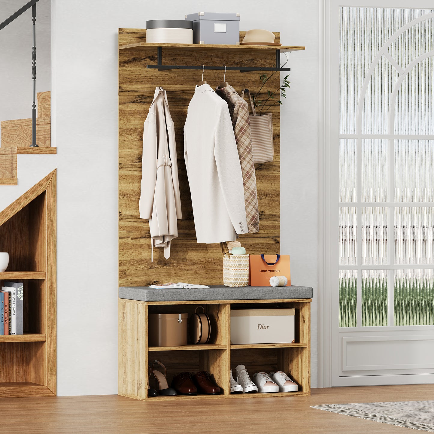 Garderobenset in Holzoptik mit Schuhbank, verstellbarem Regal, Kleiderstange und Polster, Praktische Flurmöbel