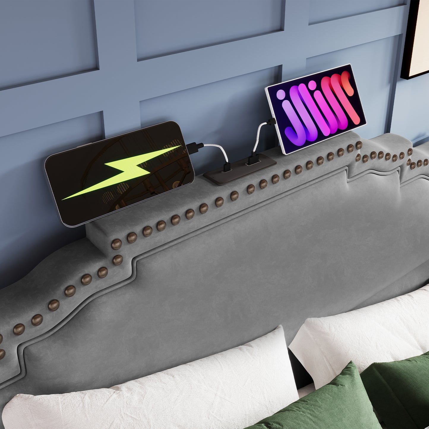 Polsterbett 140x200, Doppelbett mit hydraulischem Stauraum, LED-Beleuchtung und USB-C-Ladeanschluss, Stauraumbett und Jugendbett mit Lattenrost, Samt, Grau, ohne Matratze