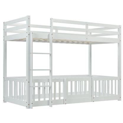 Etagenbett mit rechtwinkliger Treppe, Bett mit Zäune und Türchen, Kinderbett mit Fallschutz und Gitter, Massivholz, weiß (200x90cm)