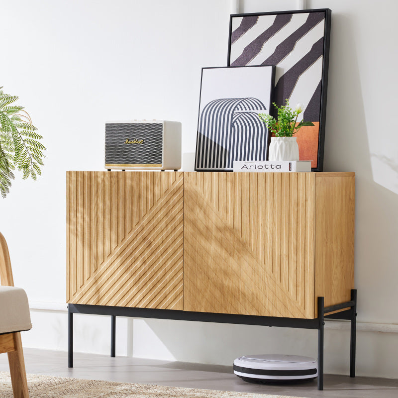 Sideboard mit 2 Türen und Metallbeinen, Buffet, Kommode mit Linien-Design, Maße: H 75 cm / B 100 cm / T 40 cm