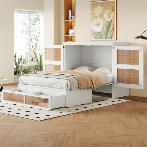 Schrankbett 140 x 200 cm, Wandbett mit Lattenrost, Wandklappbett, Rattan-Design, Holzbetten, Jugendbetten, Einzelbetten, Grau