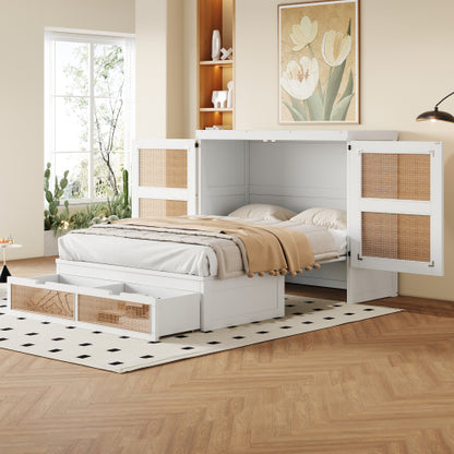 Schrankbett 140 x 200 cm, Wandbett mit Lattenrost, Wandklappbett, Rattan-Design, Holzbetten, Jugendbetten, Einzelbetten, Grau