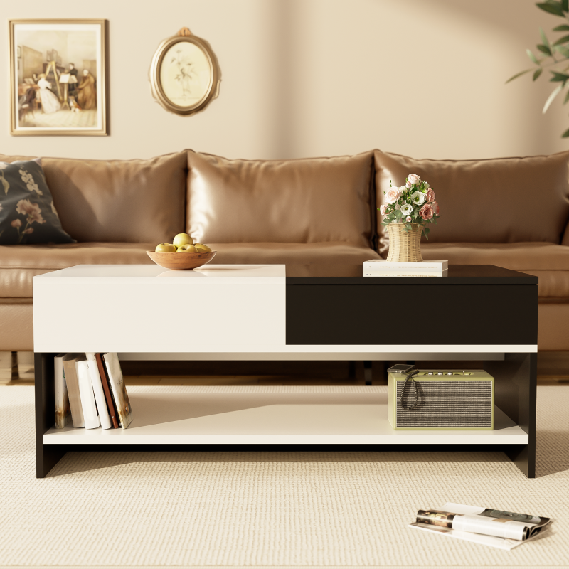 Moderner Couchtisch mit 2 Schubladen – Schwarz-Weiß-Design, Stauraum, Hochglanz-Tischplatte, 100 cm lang